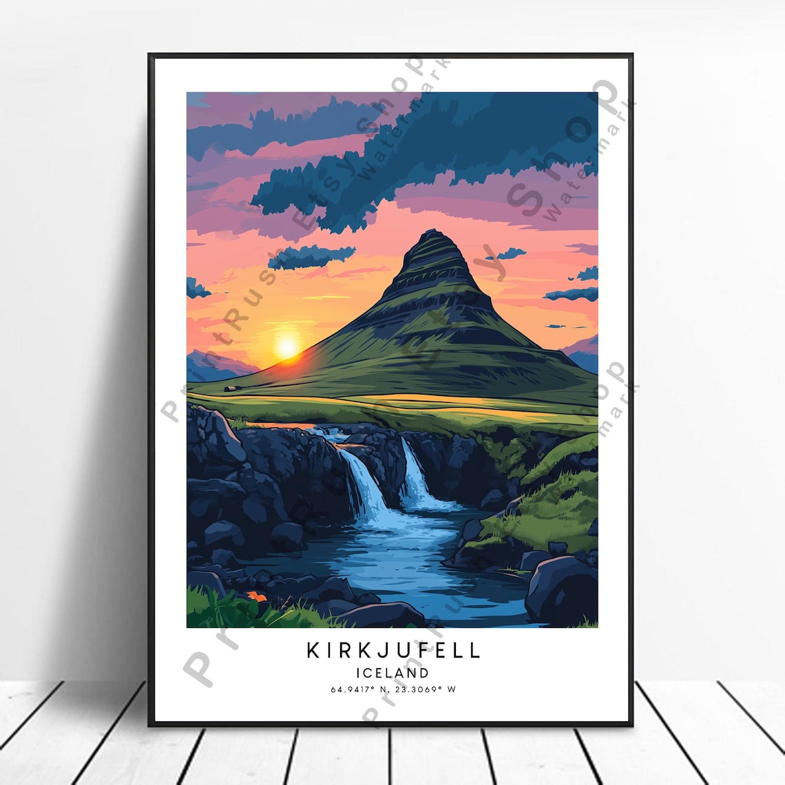 Kirkjufell Iceland Waterfall Sunset Minimalist Travel Poster