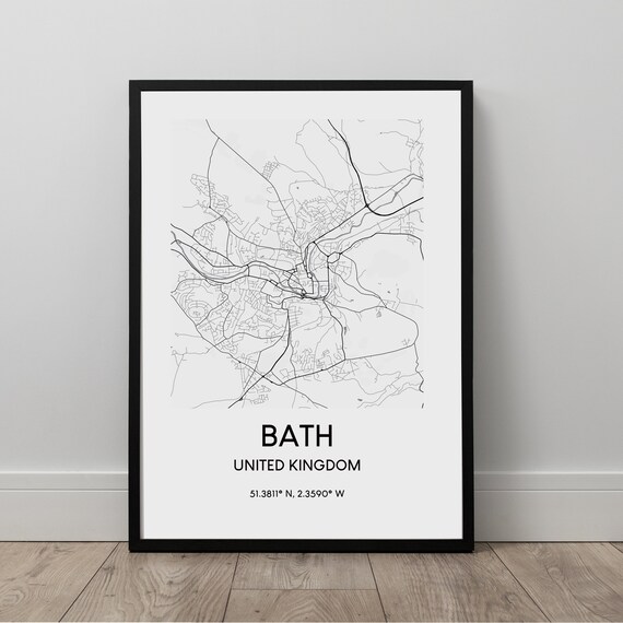 Bath Map Print City Wall Art Poster United Kingdom Travel Black And White Gift
