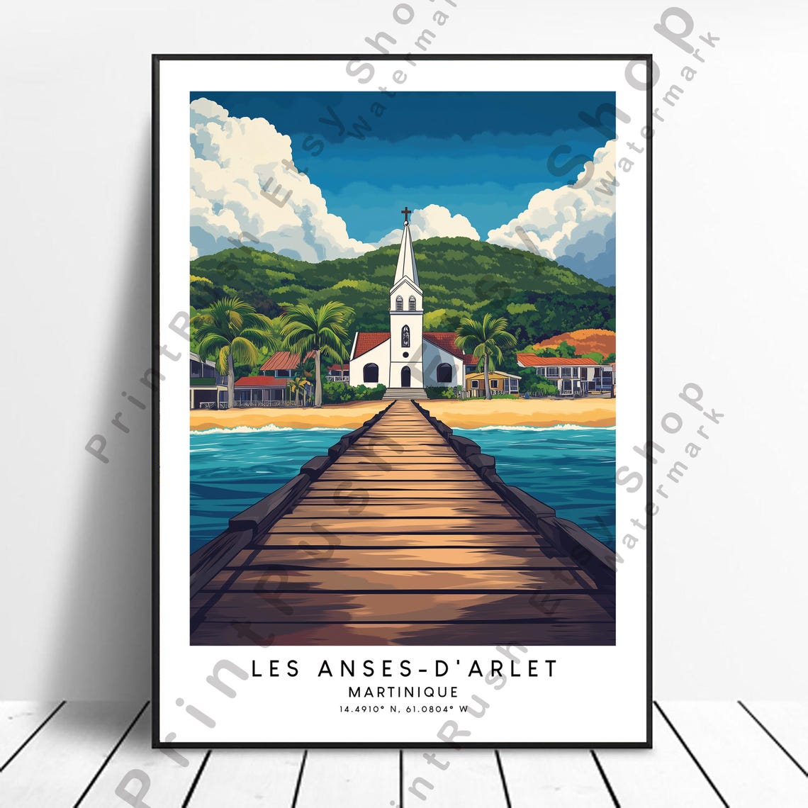 Les Anses d Arlet Martinique Beach Church Pier Travel Poster