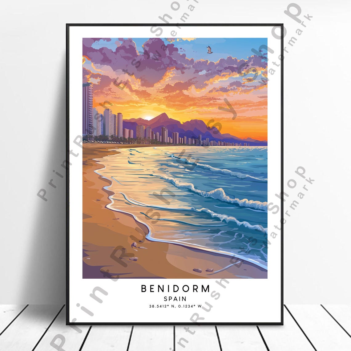 Benidorm Spain Sunset Beach City Skyline Mediterranean Travel Poster