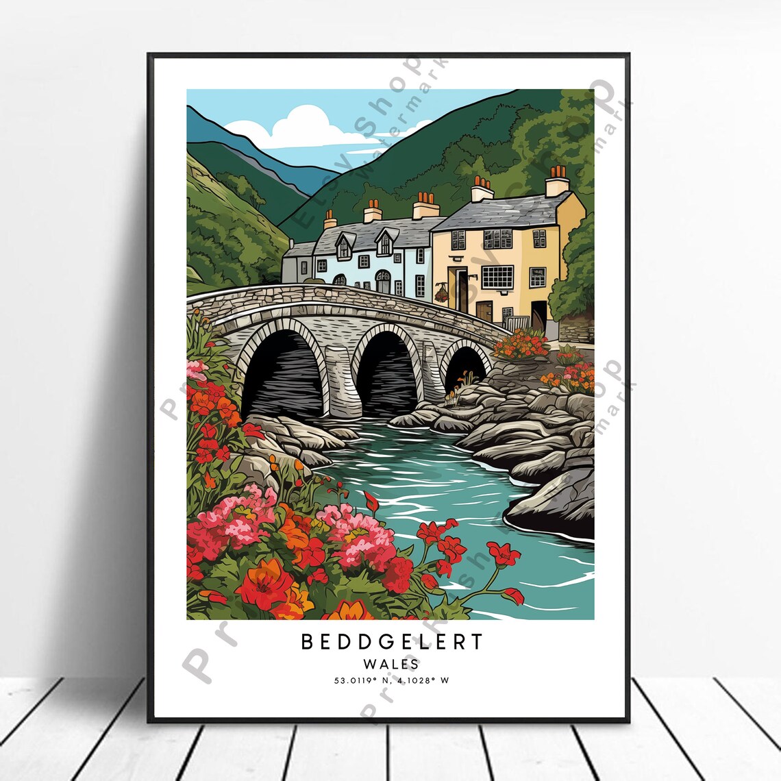 Beddgelert Wales Stone Bridge River Village Cottage Travel Poster