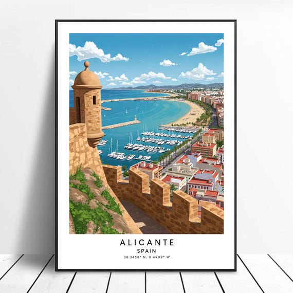 Alicante Travel Poster Spain City Illustration Colourful Print Art Coastal Gift