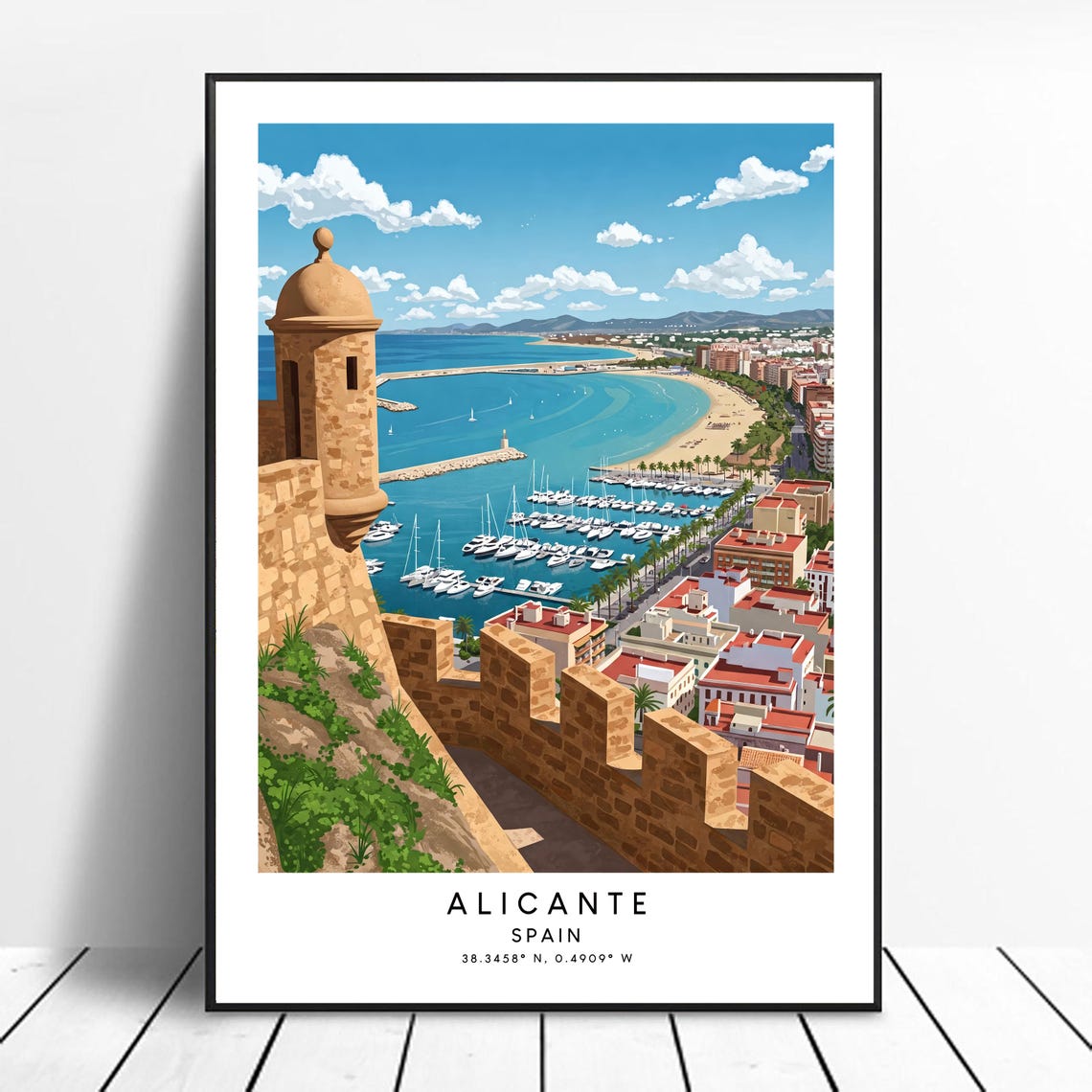 Alicante Spain Castle Overlooking Marina Bay Retro Travel Art Poster