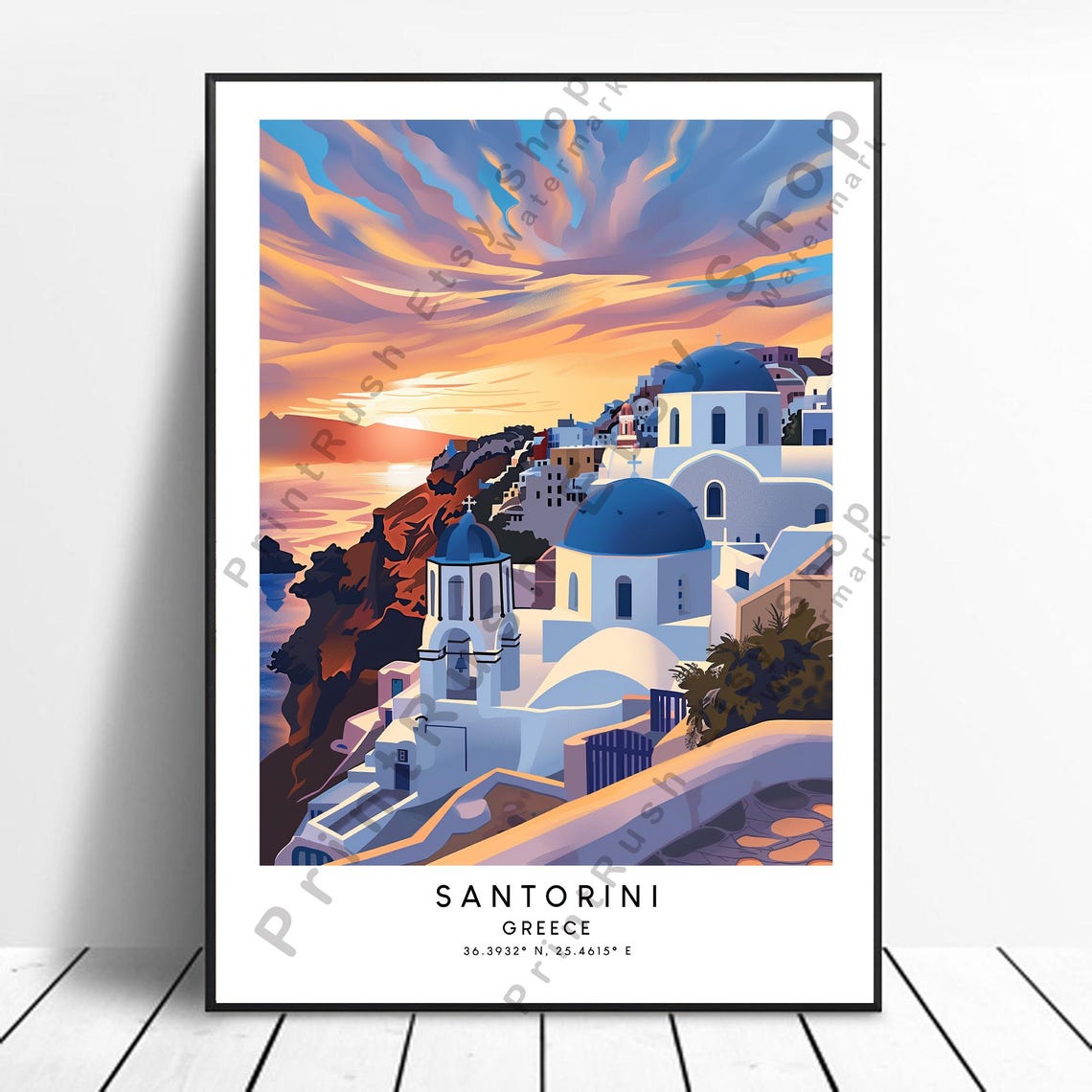 Santorini Greece Blue Domes Fiery Sunset Aegean Travel Poster