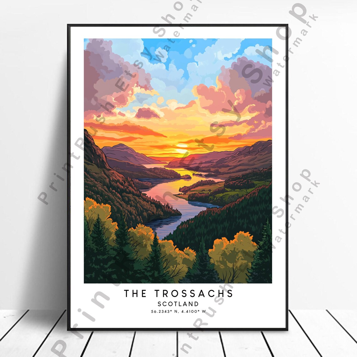 Trossachs Illustration Sunset Landscape Travel Poster