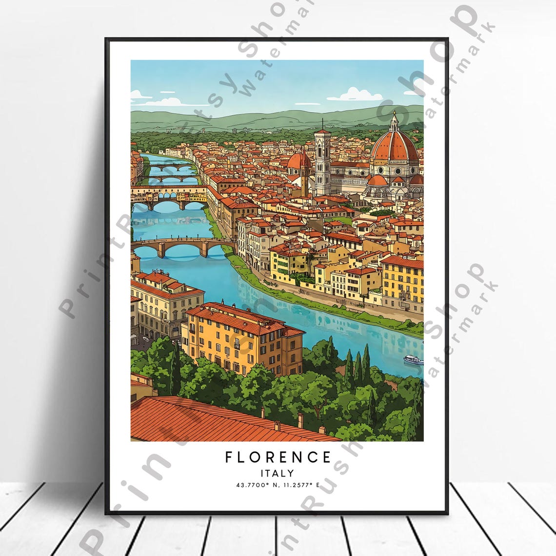 Florence Italy Cityscape with Duomo and Arno River Travel Poster
