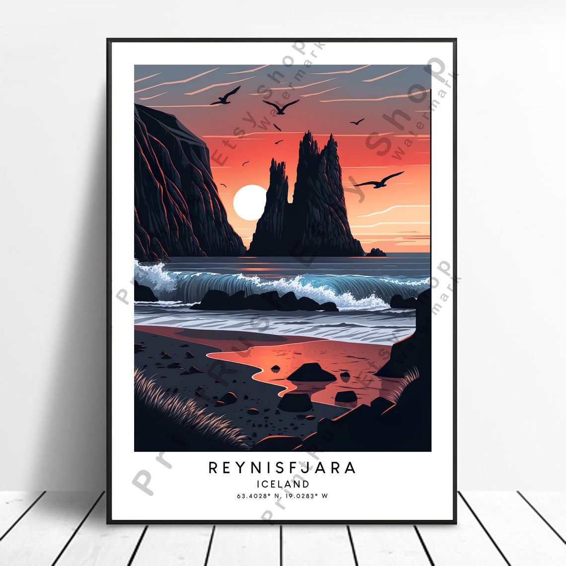 Iceland Travel Print Reynisfjara Poster Colourful Abstract Minimalist Reynisdrangar Wall Art Gift