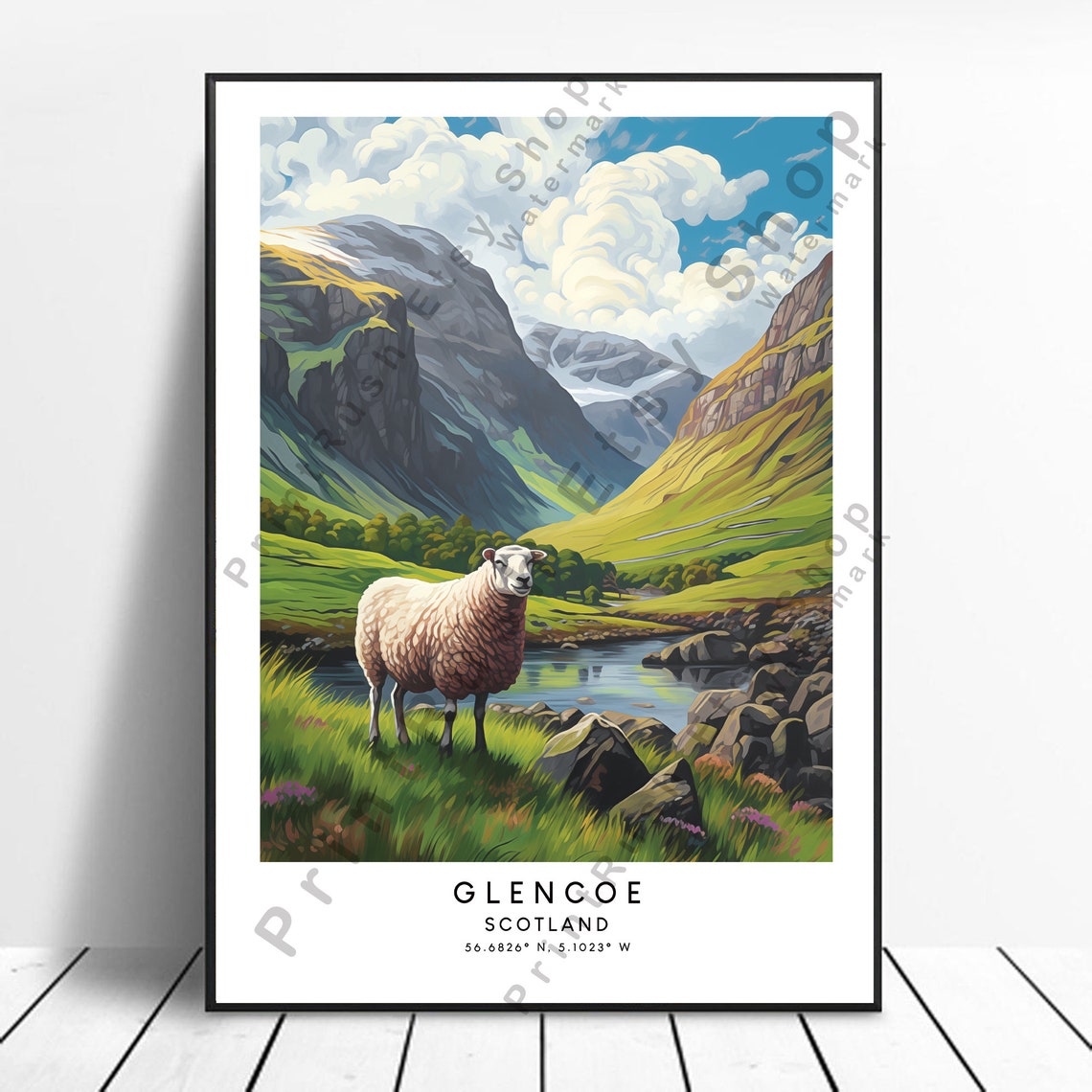 Glencoe Scotland Sheep Valley Travel Poster With Highland Mountains