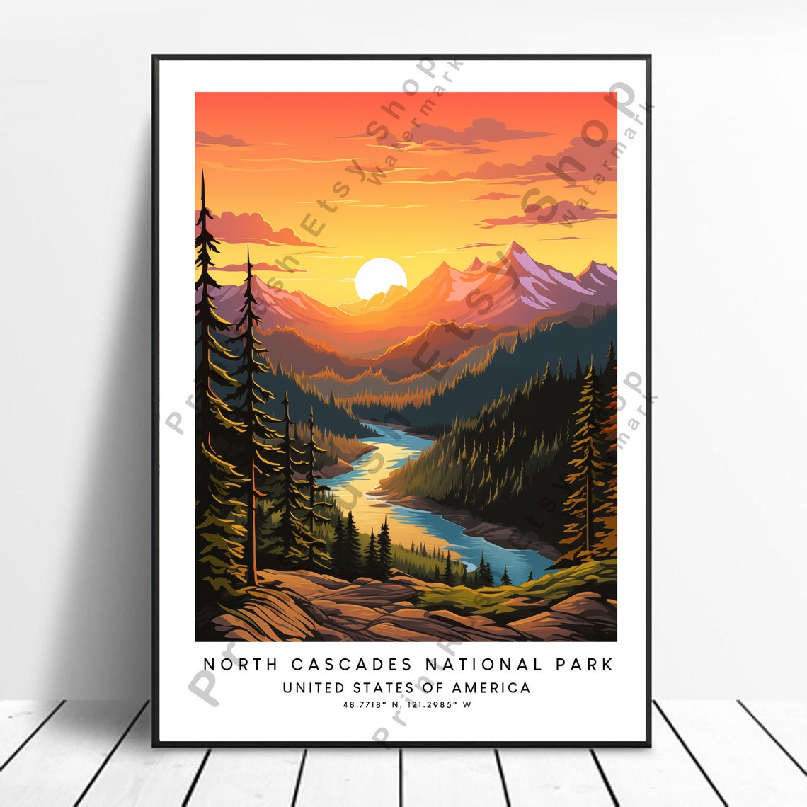 North Cascades National Park Sunset Mountain River Travel Poster