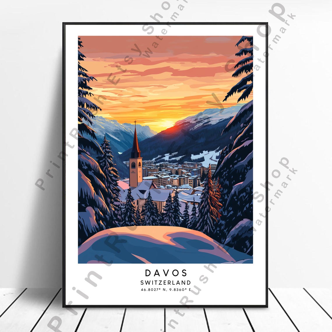Davos Switzerland Sunset Church Spire Alpine Ski Resort Poster