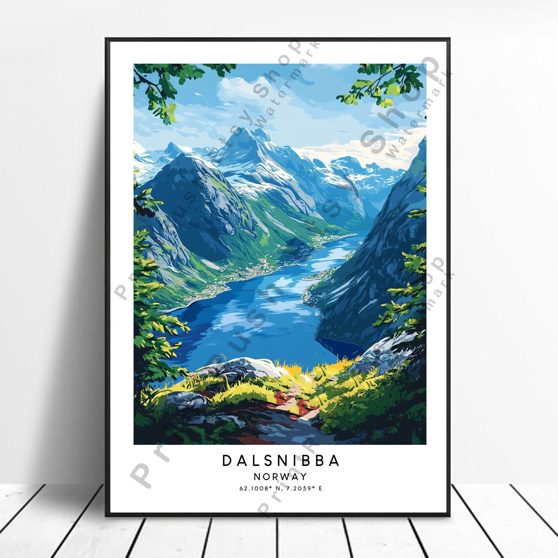 Dalsnibba Norway Fjord Snow Peaks Blue Water Scenic Travel Poster