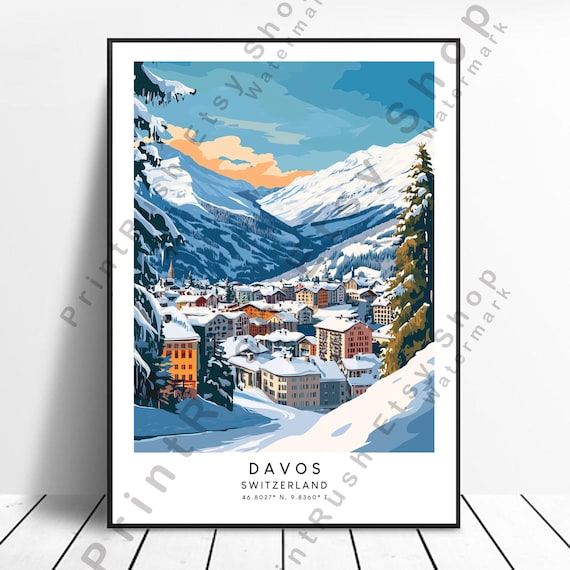 Davos Switzerland Alpine Ski Resort Snowy Winter Village Poster