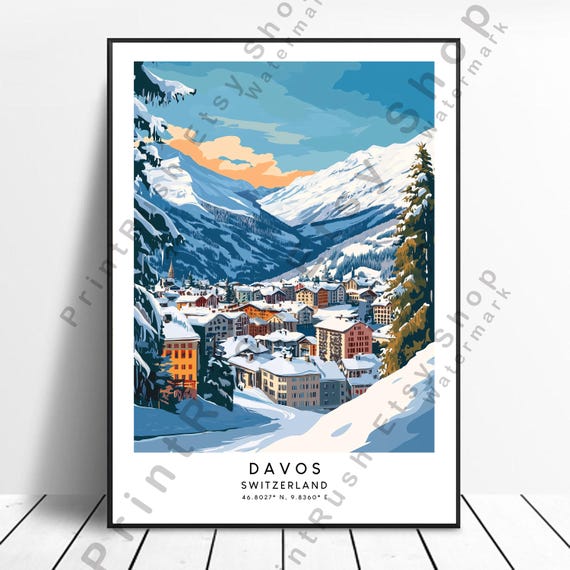 Davos Switzerland Ski Resort Poster Winter Alps Wall Art Travel Swiss Print
