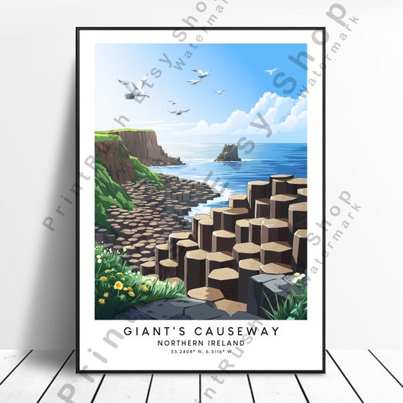 Giants Causeway Print Irish Coastline Art Natural Wonder Decor Wall Poster Illustration