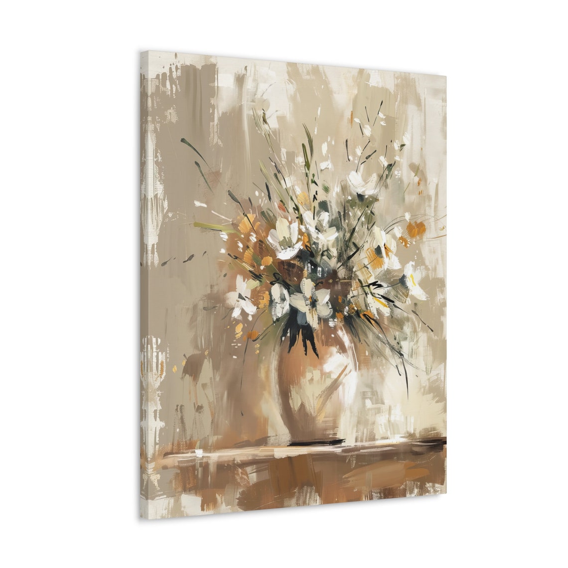 Loose White Wildflower Bouquet Poster in Ceramic Vase Neutral Tones - Image 4