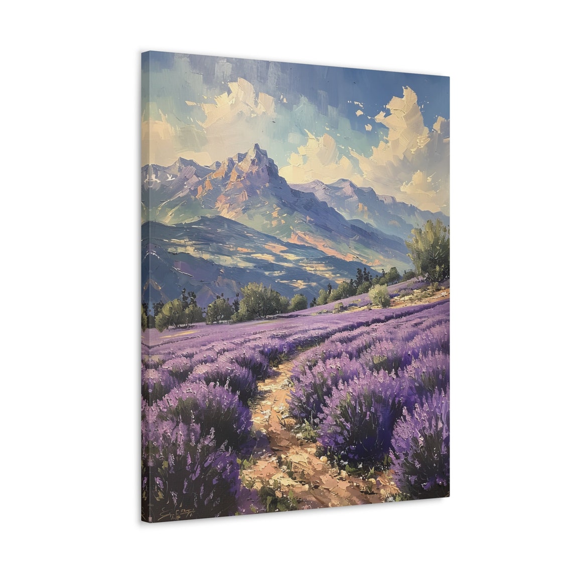 Lavender Field Rows with Dirt Path Beneath Rocky Peaks Poster - Image 4