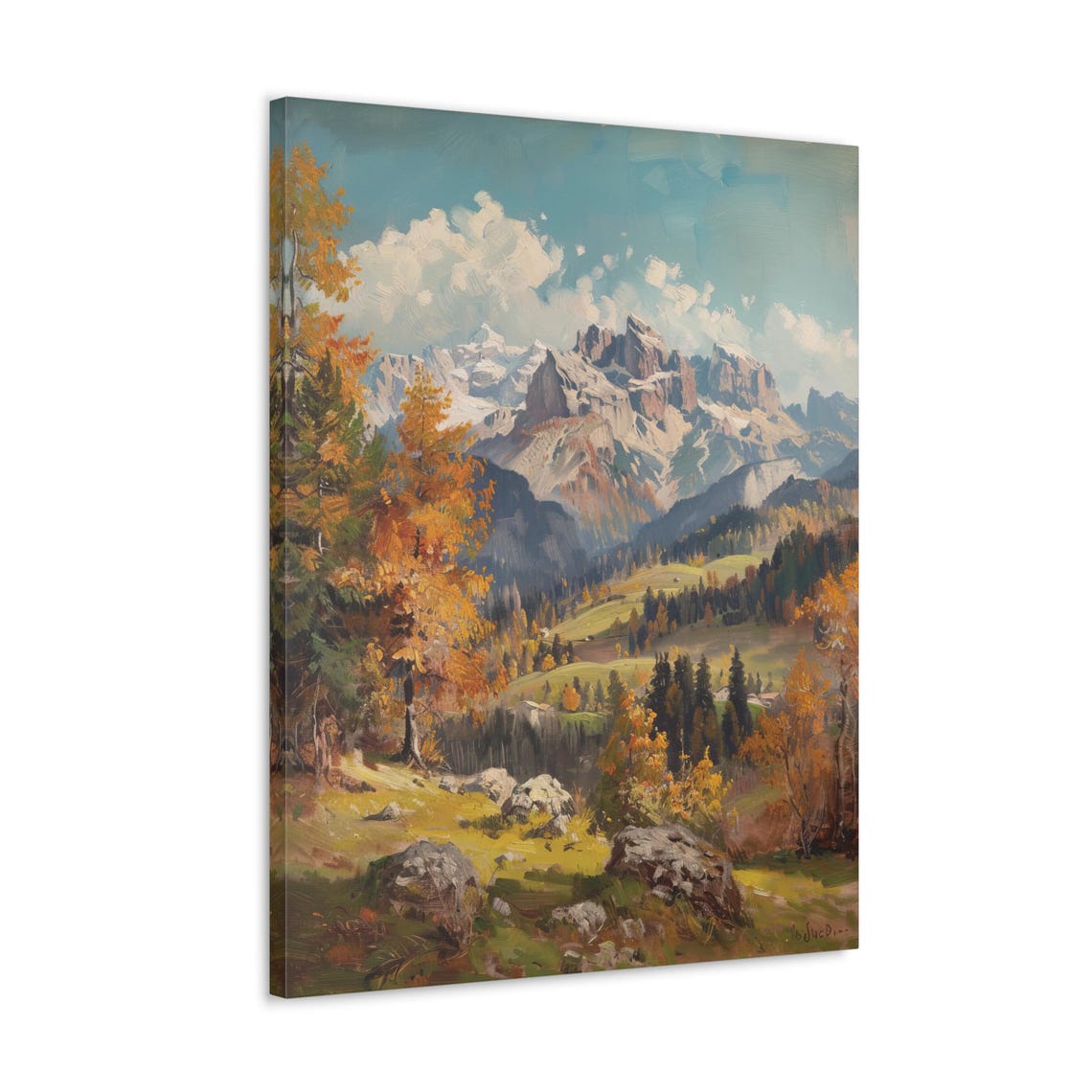 Autumn Alpine Valley Poster with Snowy Peaks and Orange Trees View - Image 4