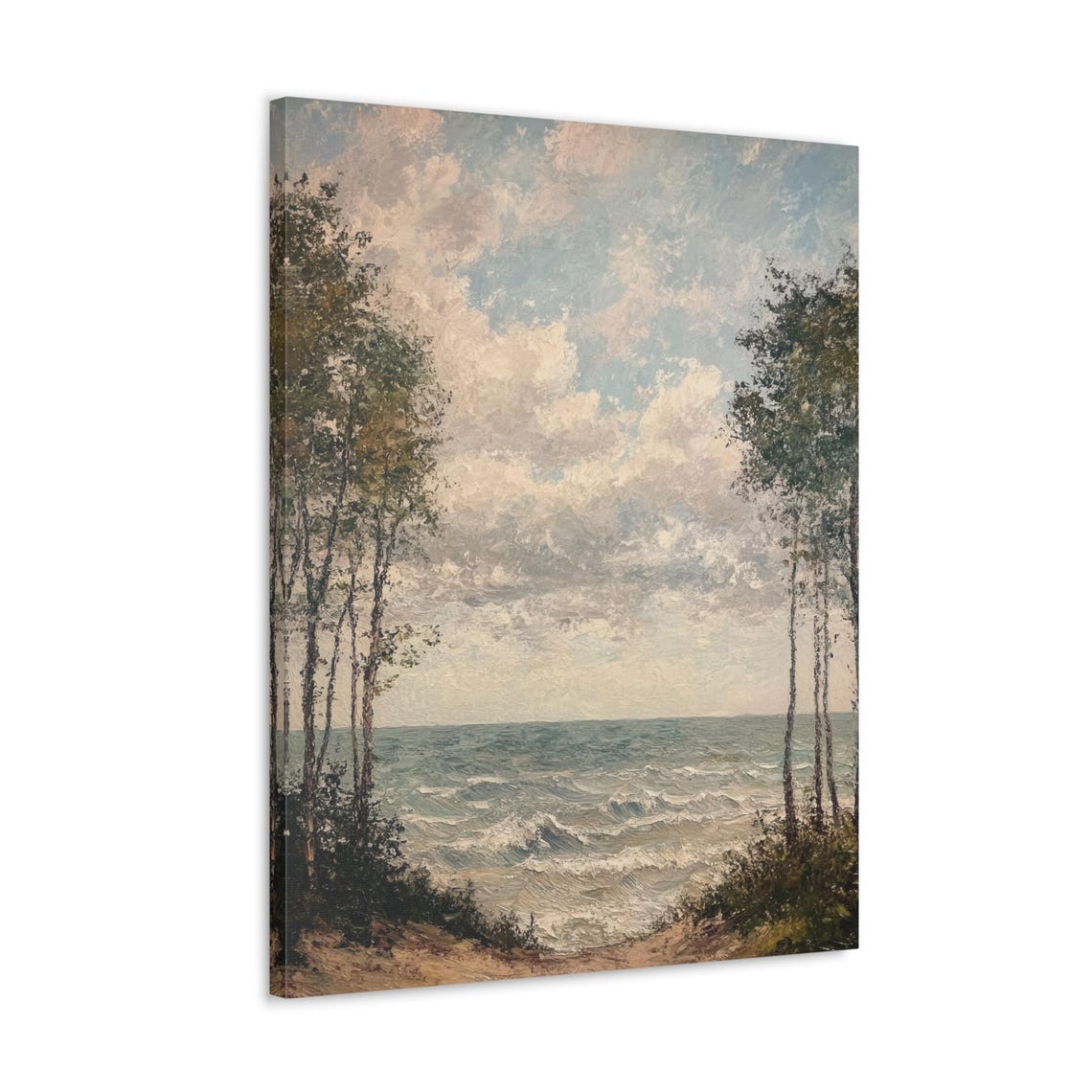 Muted Vintage Seascape Poster with Ocean Waves Framed by Tall Trees - Image 4