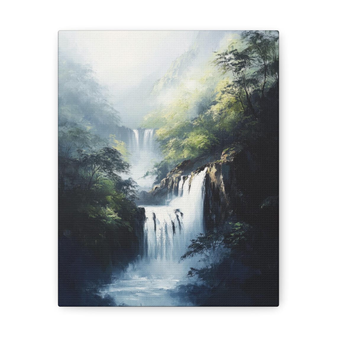 Cascading Tiered Waterfalls in Misty Jungle Gorge Canvas Poster - Image 3