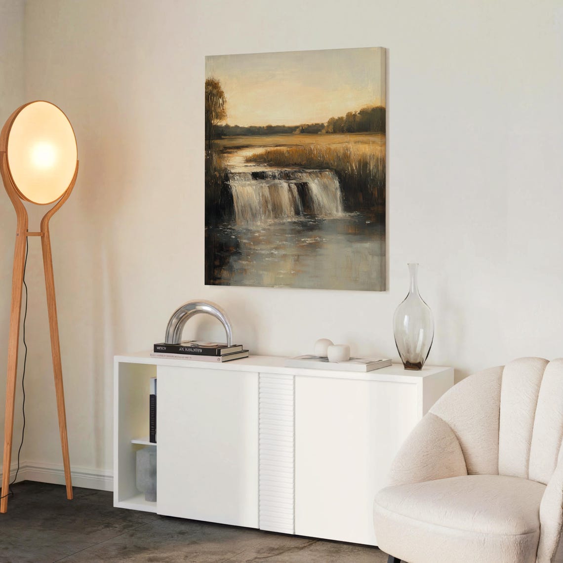 Moody Marsh Waterfall Poster in Muted Earth Tones Vintage Oil Painting - Image 2