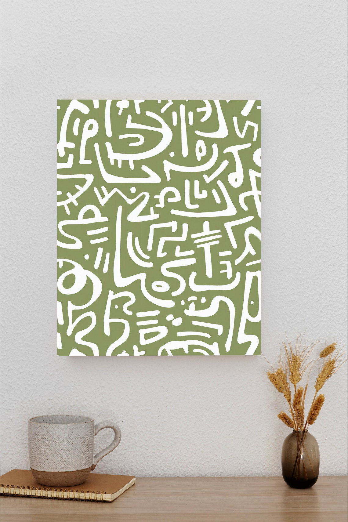 Sage Green Abstract with White Doodle Lines Boho Pattern Poster - Image 2