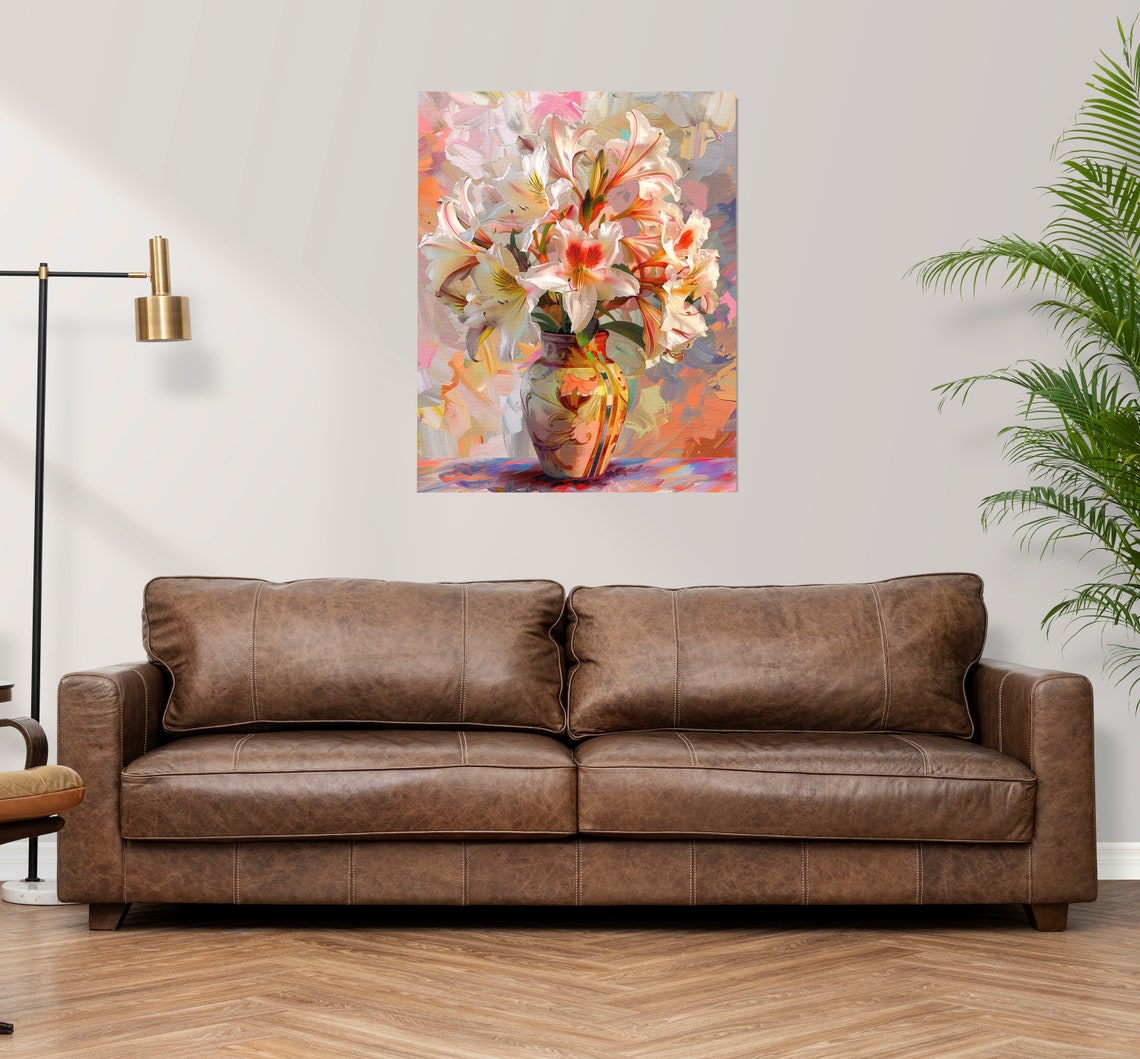 White and Pink Lilies in Decorated Vase with Abstract Pastel Poster - Image 3