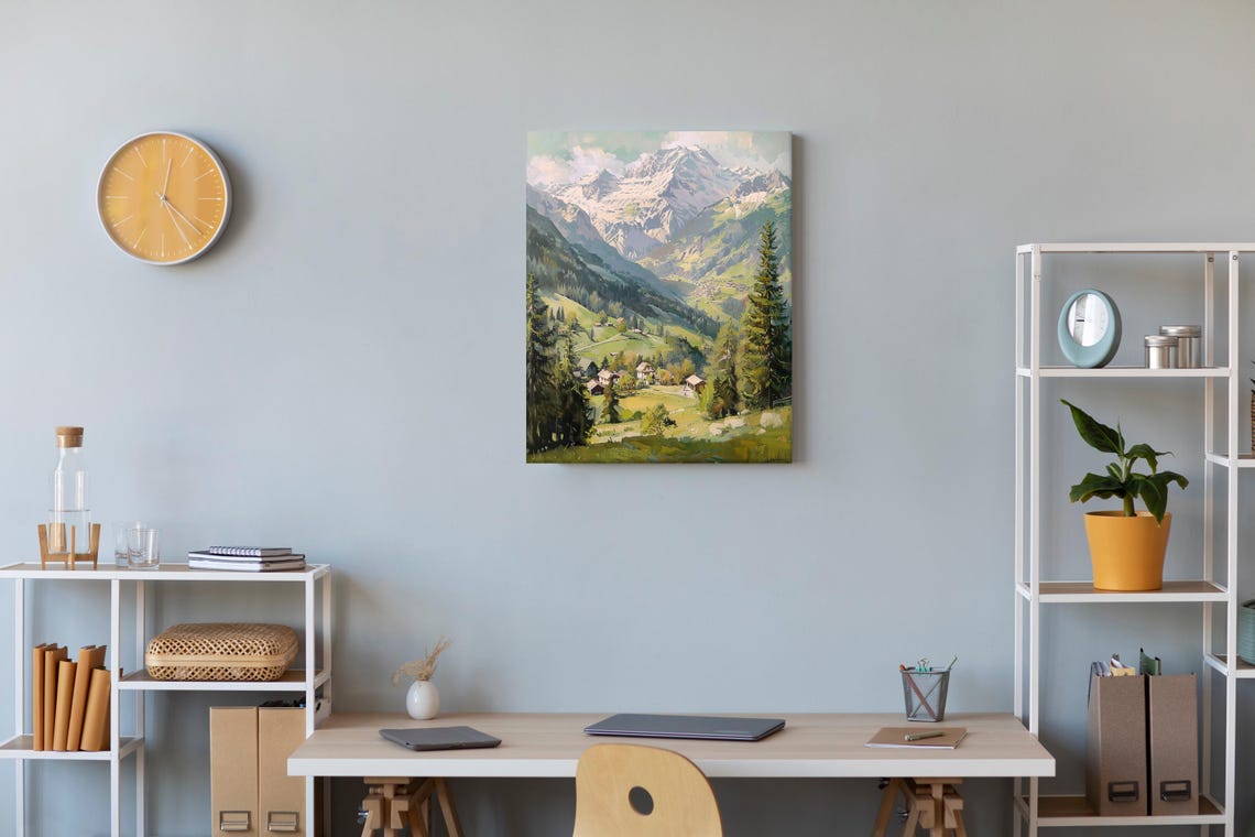 Mountain Wall Art Print Rustic Mountain Painting Landscape Wall Art Snow Mountain Painting Vintage Farmhouse Decor Forest Art - Image 2