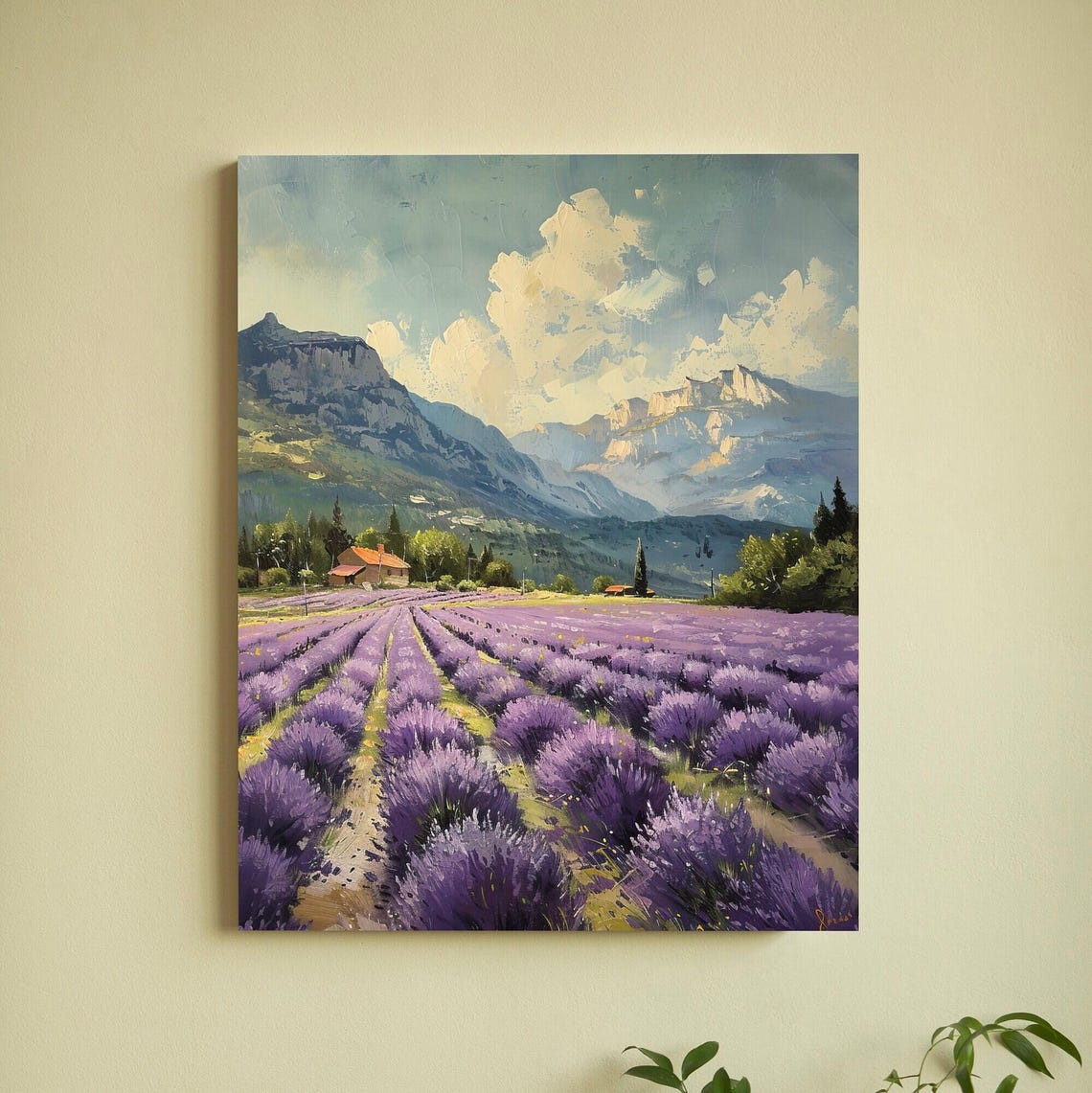 Lavender Rows Farmhouse Poster in a Mountain Valley Oil Painting