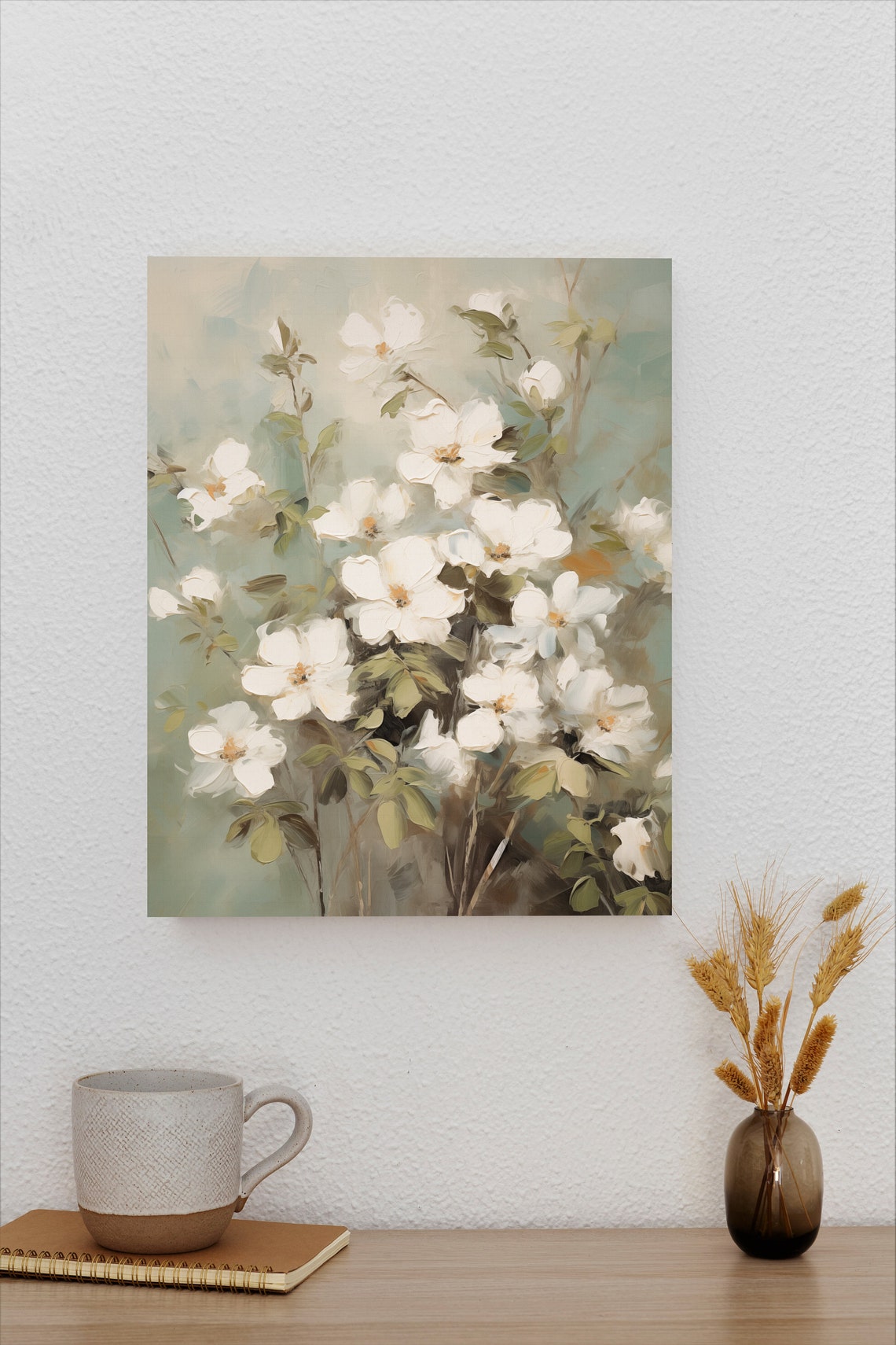 White Wild Roses Soft Sage Neutral Botanical Floral Painting Poster - Image 2