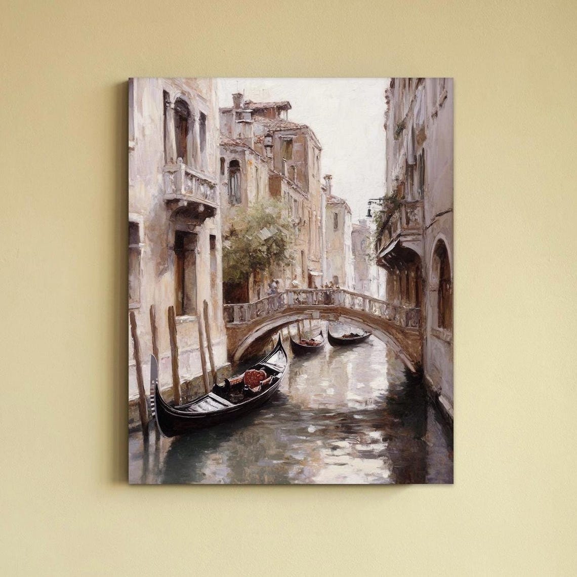 Venice Canal Gondolas Stone Bridge Muted Tones Oil Painting Poster