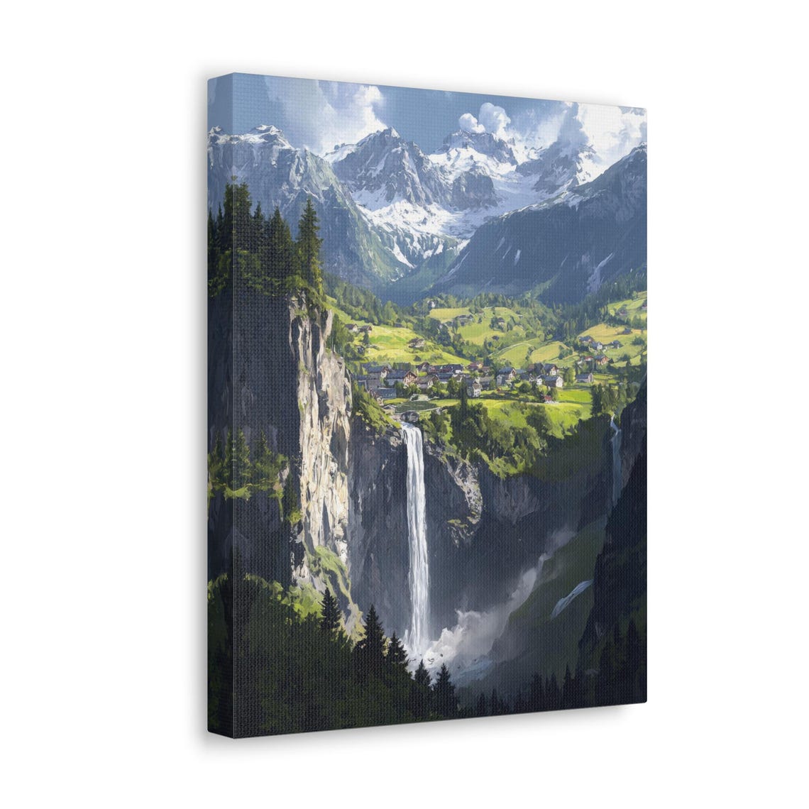 Alpine Waterfall and Village Valley Beneath Snow-Capped Peaks Poster - Image 4