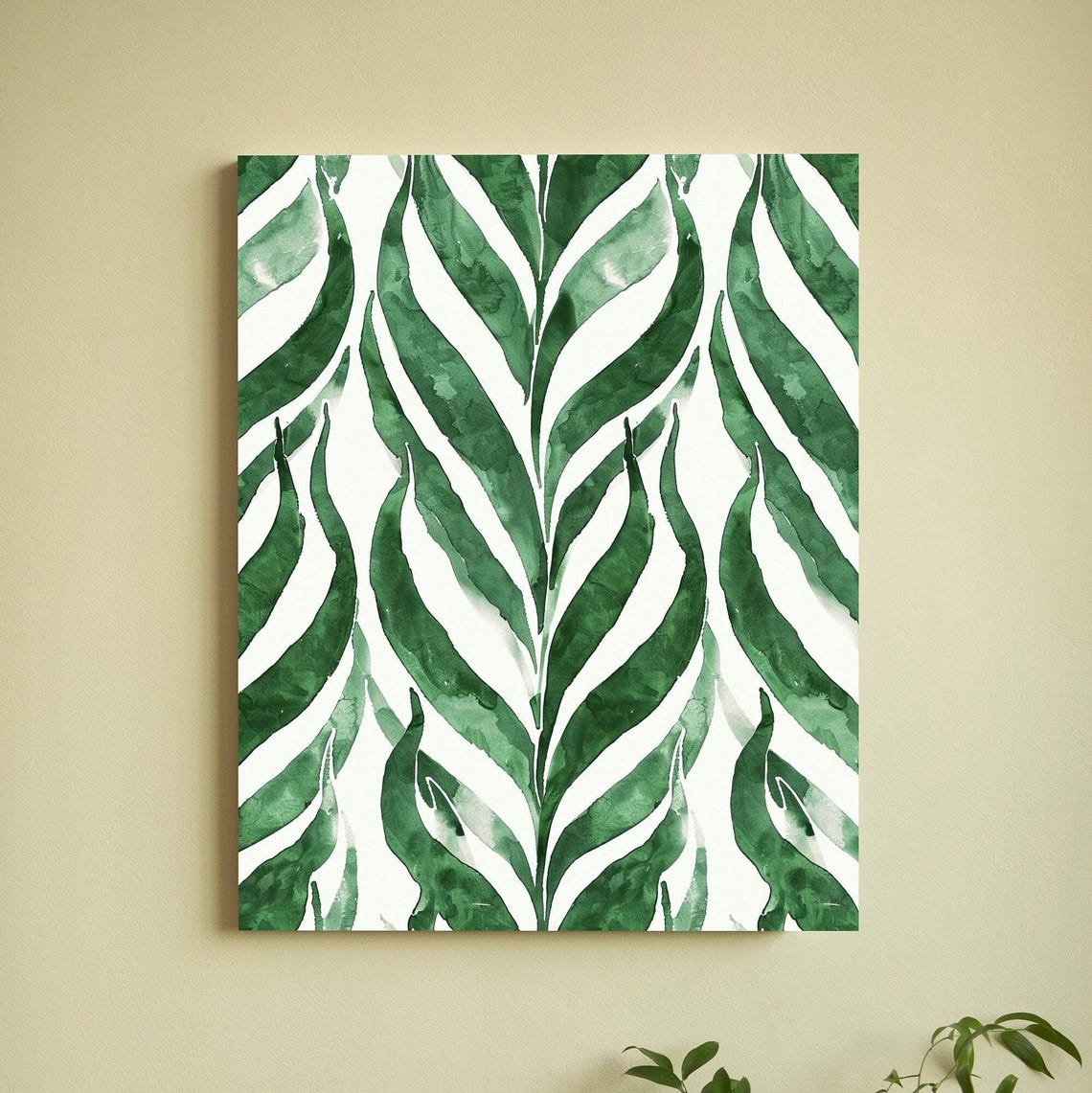 Green Watercolor Palm Leaf Pattern Poster on a Clean White Background