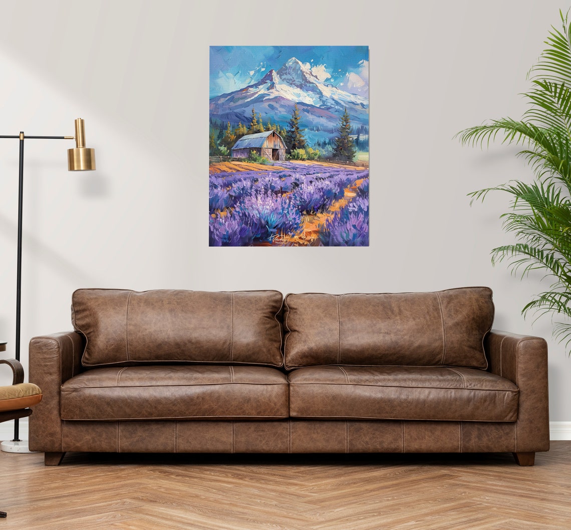 Lavender Farm with Rustic Barn Beneath Snow-Capped Peak Poster - Image 3