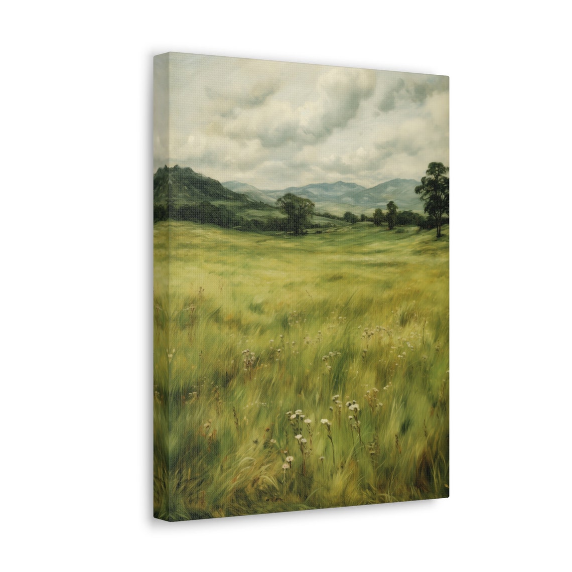 Green Wildflower Meadow Poster with Rolling Hills in Vintage Style - Image 4