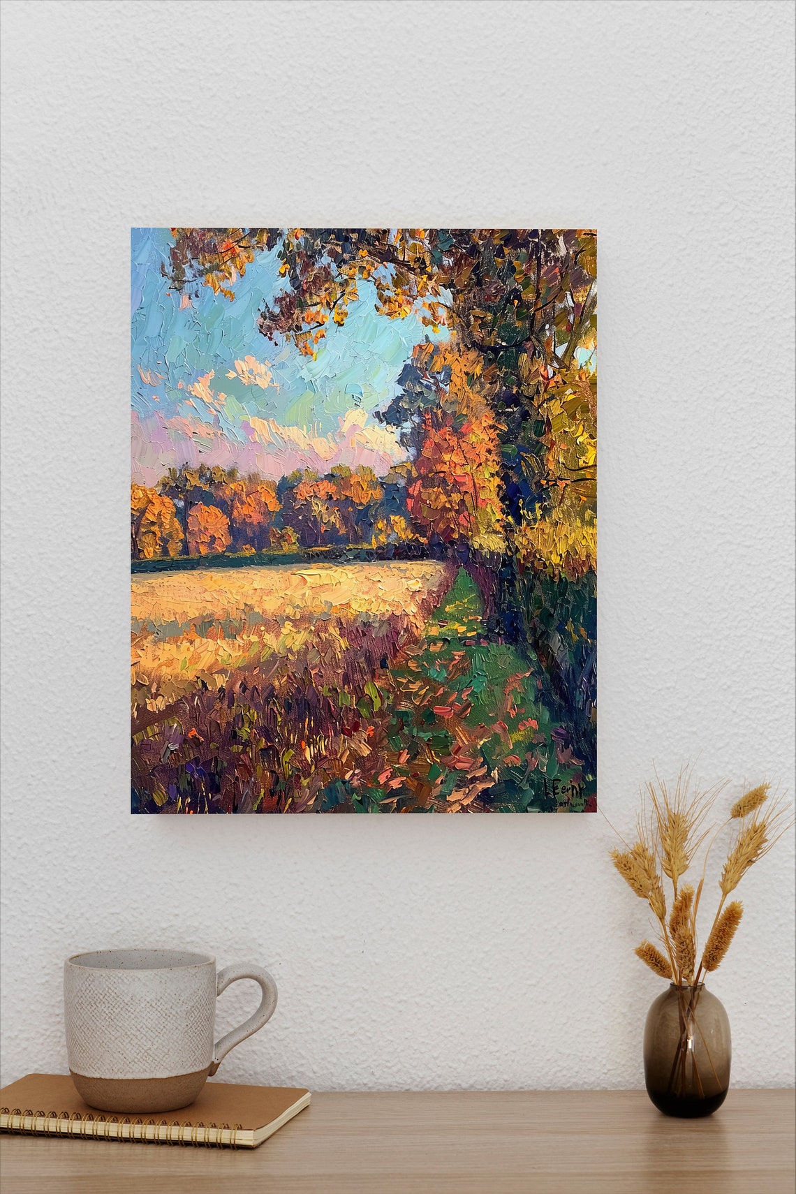 Autumn Field at Golden Dusk Poster with Textured Impasto Trees View - Image 2