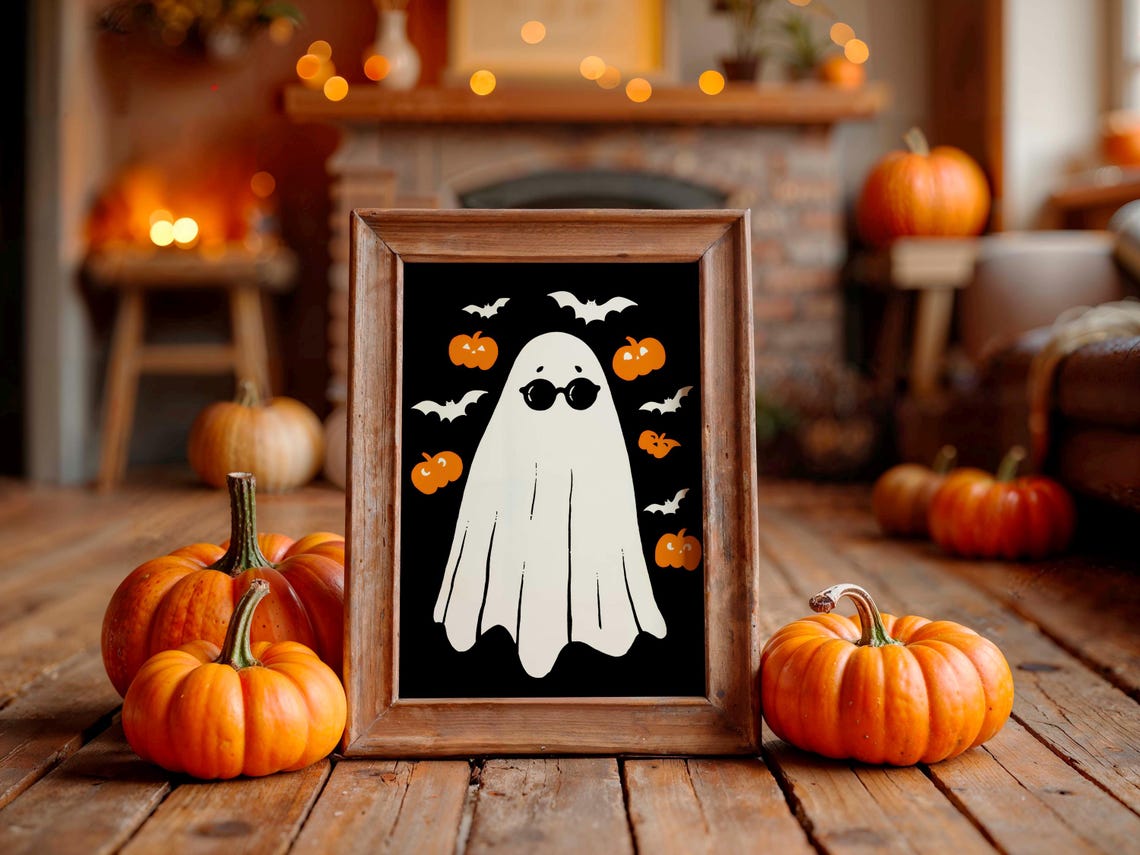 Cool Ghost With Sunglasses Pumpkins Bats on Black Halloween Poster
