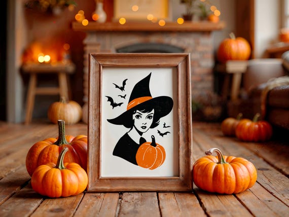 Retro Witch With Pumpkin Poster Black and White Halloween Illustration