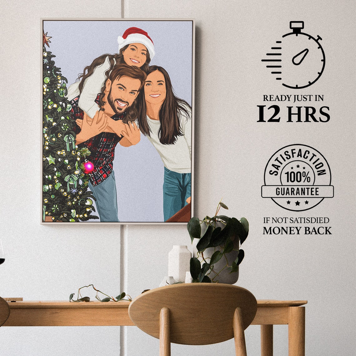 Cheerful Family Christmas Portrait With Santa Hat Tree Poster