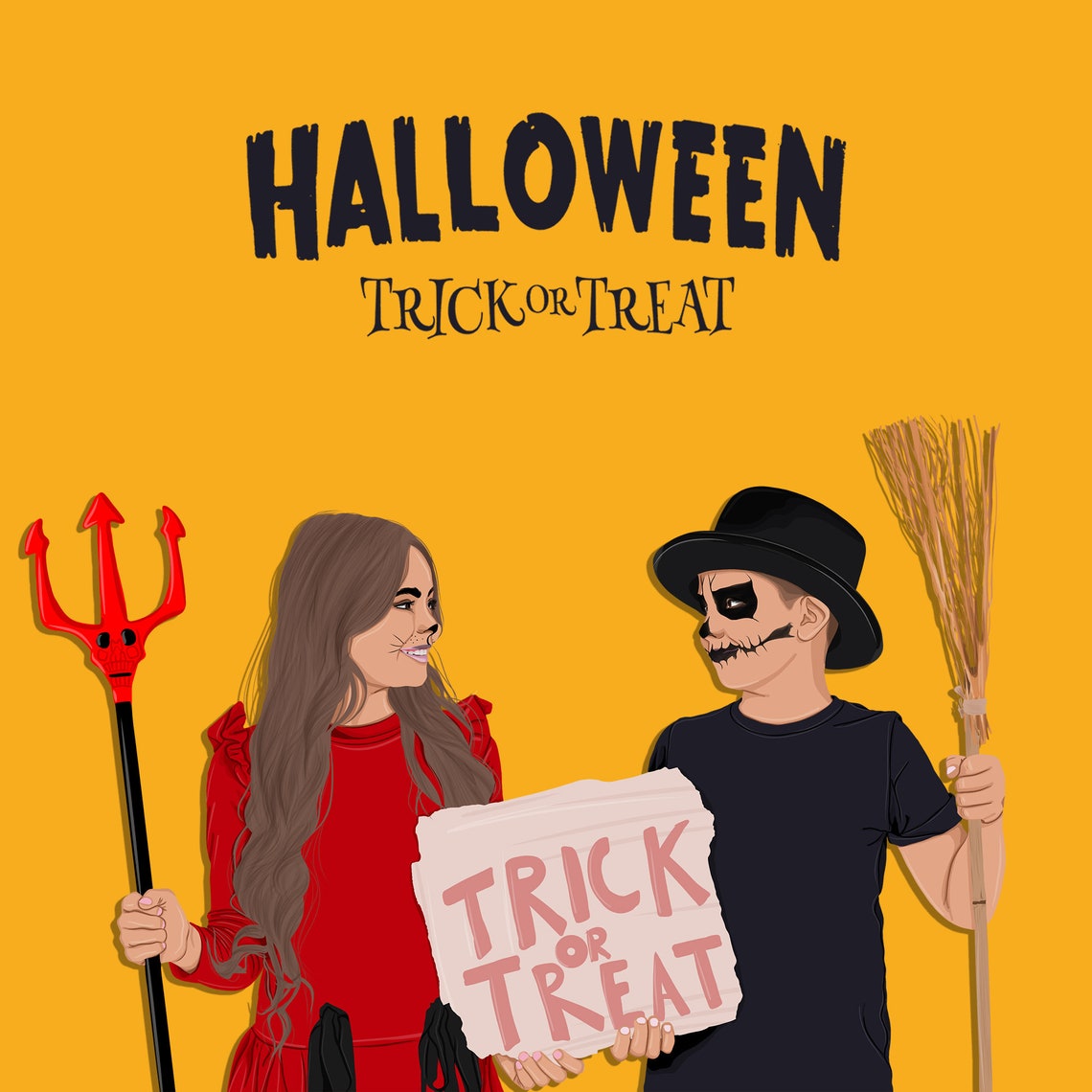 Vibrant Halloween Trick or Treat Devil and Skeleton Kids Poster