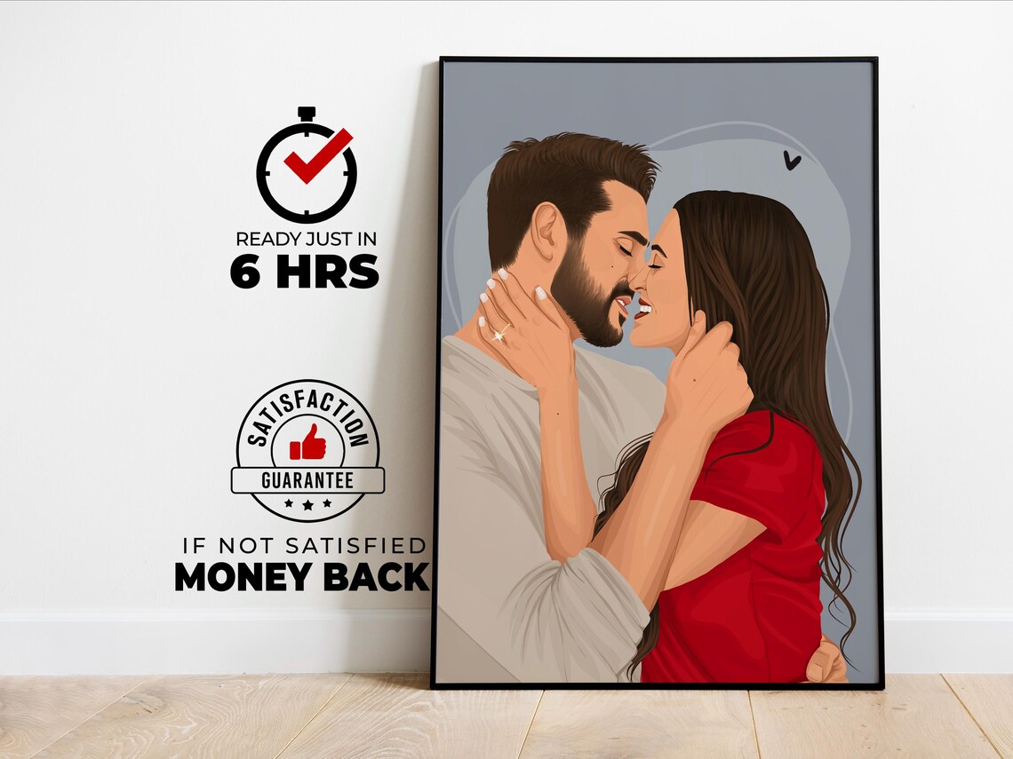 Custom Kissing Couple Portrait With Woman in Red Shirt Poster