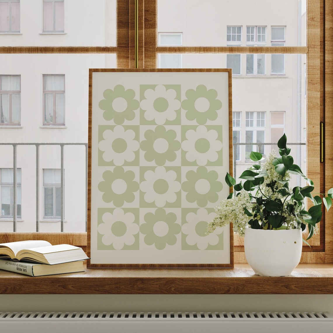 Retro Flower Print, Sage Green Checkers Decor