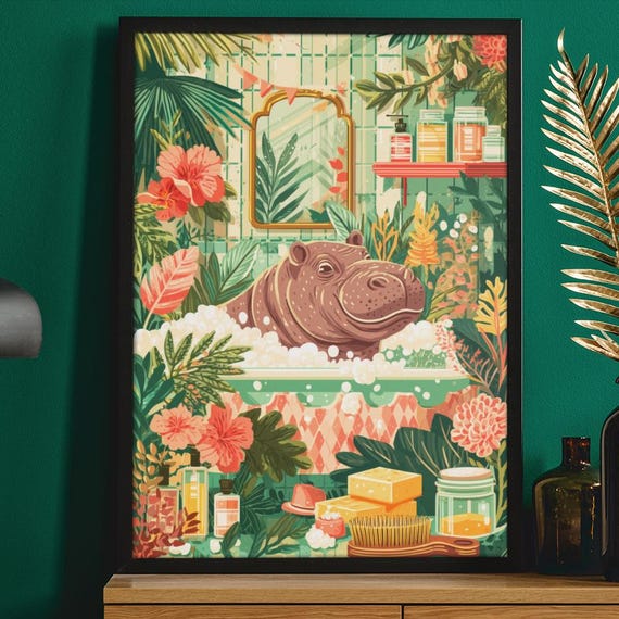 Whimsical Hippo In Bathtub Poster Green Jungle Bathroom Art Funny Animal Spa Print