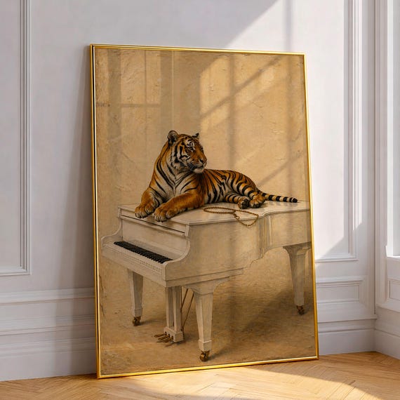 Maximalist Tiger On White Piano Wall Art Regal Bengal Print Surreal Jungle Animal Poster Whimsical Luxury Music Room Home Decor