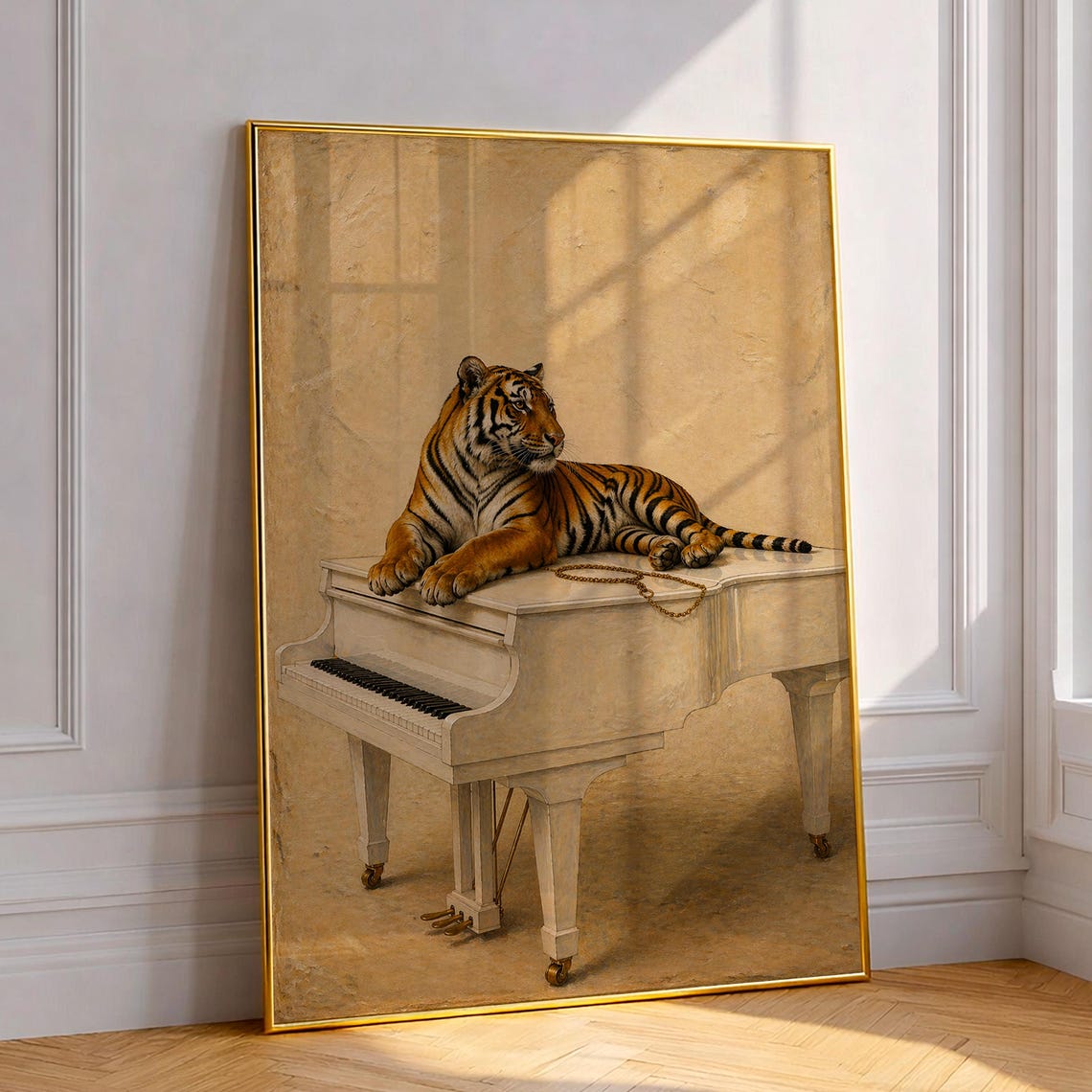 Regal Bengal Tiger on White Grand Piano Luxe Surreal Animal Poster