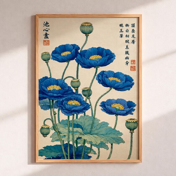 Vintage Himalayan Blue Poppy Art Print, Ukiyoe Style