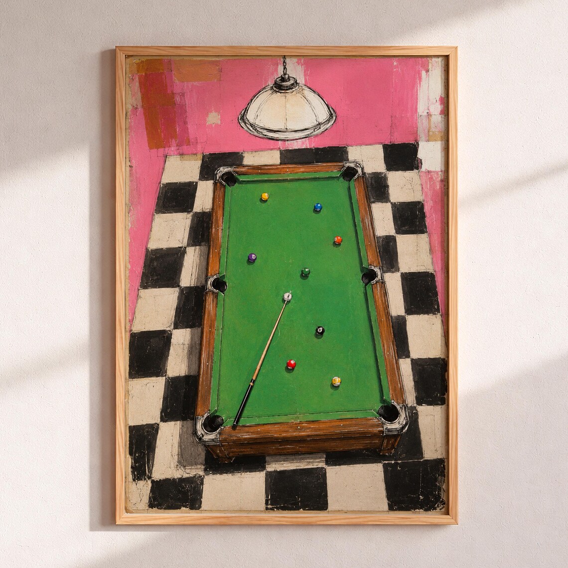 Pool Table Overhead Poster Vintage Billiards Hall Pink Painterly Game Art