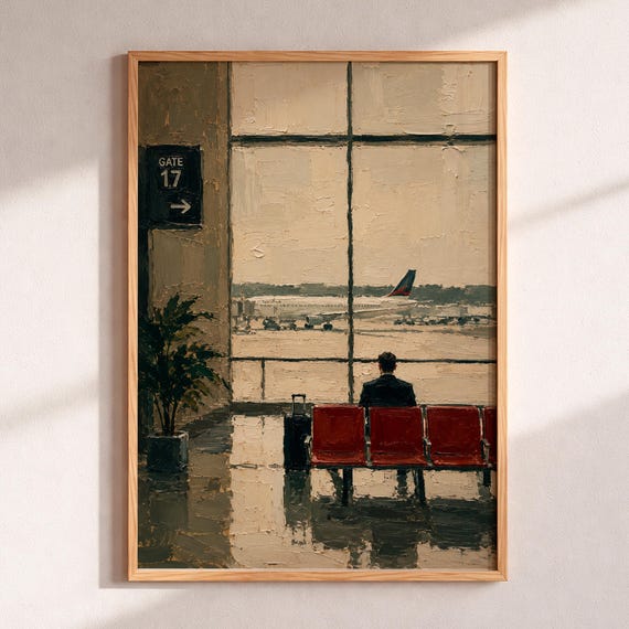 Airport Lounge Poster Mid Century Travel Illustration Retro Aviation Scene Modern Home Office Decor Vintage Jet Age Wall Art Print