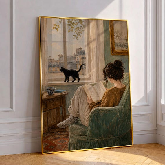 Woman Reading Print Vintage Impressionist Art Living Room Wall Decor Black Cat Painting Cozy Parisian Aesthetic Book Lover Gift