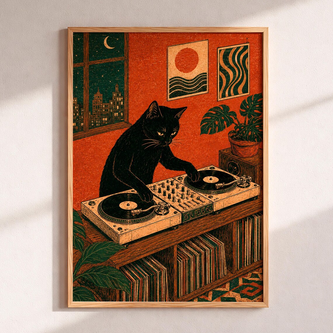 Black Cat DJ Print, Vintage Linocut Music Decor