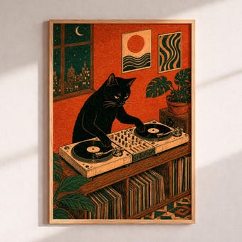 Black Cat DJ Print, Vintage Linocut Music Decor